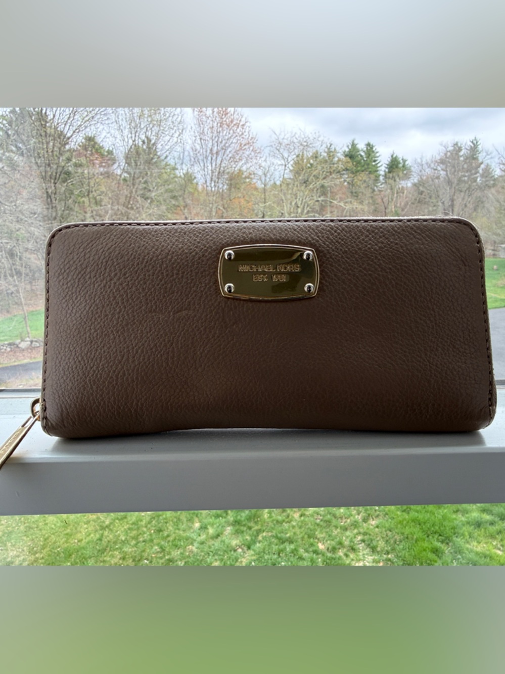 Michael Kors Brown Pebbled Leather Zip Wallet with Gold Plate Accents